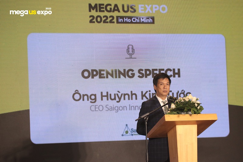 Ông Huỳnh Kim Tước phát biểu tại Mega Us Expo 2022 (Ảnh: Mega Us Expo).