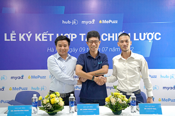 Lễ ký kết hợp tác chiến lược của HUB.Platform (hub-js), MyAd và MePuzz (Ảnh: Internet).