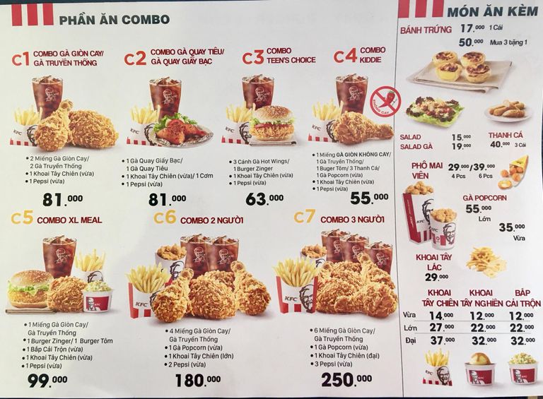 Các combo của KFC được ưu tiên chiếm hẳn ¾ tờ menu.