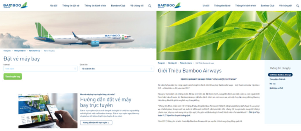 Trang https://www.bambooairways.com/vn-vi/ của hãng hàng không đang lên Bamboo Airways vừa có tab “Về chúng tôi” - cập nhật các thông tin về doanh nghiệp, vừa có tab “Thông tin đặt vé” tiến hành đặt và thanh toán vé máy bay trực tiếp trên trang.