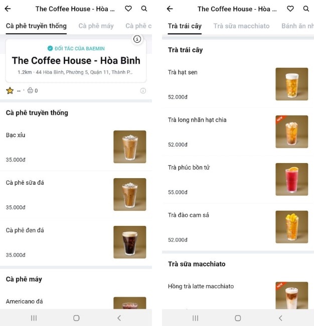 Menu The Coffee House trên ứng dụng Baemin (chỉ khả dụng với khách hàng TP.HCM).