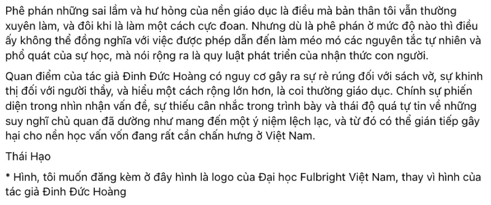 Toàn bài chia sẻ của Thái Hạo trên Facebook cá nhân của tác giả.