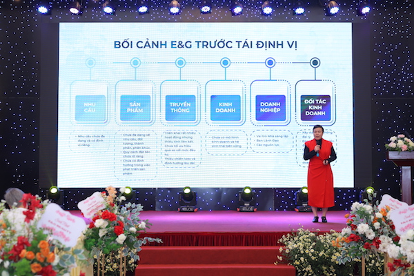 Bà Tracy Vũ phân tích tổng quan thị trường mỹ phẩm hiện nay tại sự kiện họp báo tái định vị của E&G Beauty.