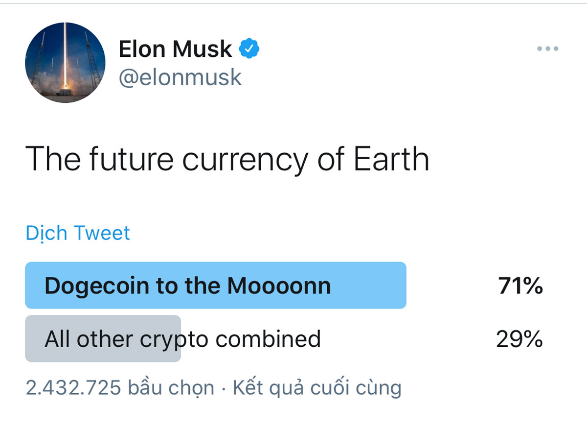 Khảo sát của Musk về đồng tiền tương lai thu hút gần 2,5 triệu lượt bình chọn trên Twitter.
