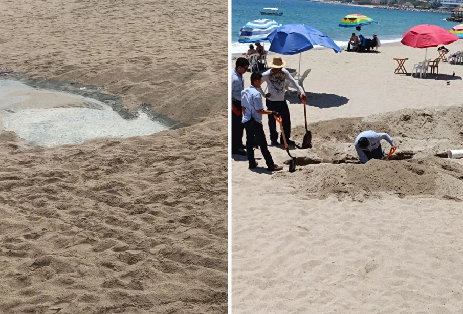 Enorme hoyo de aguas grises en la Playa de Oro