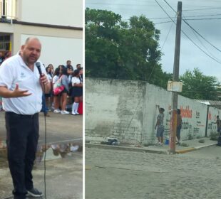 Ramón Guerrero Martínez y barda pintada con programa mochila con todo a clases.