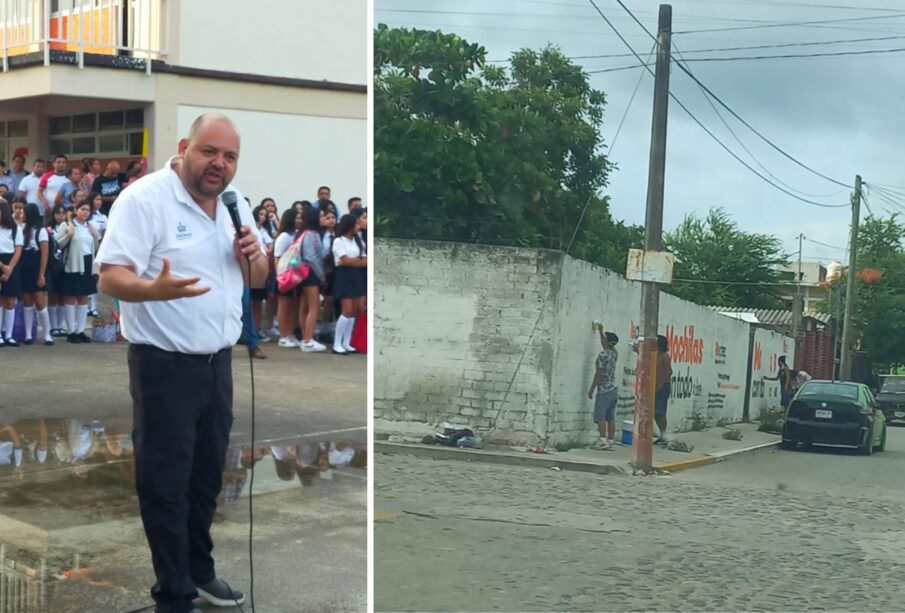 Ramón Guerrero Martínez y barda pintada con programa mochila con todo a clases.