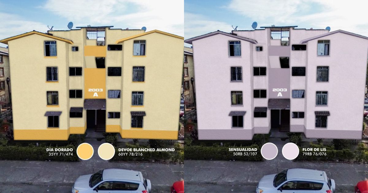 Tonos amarillo y lila para pintura de los edificios de La Aurora