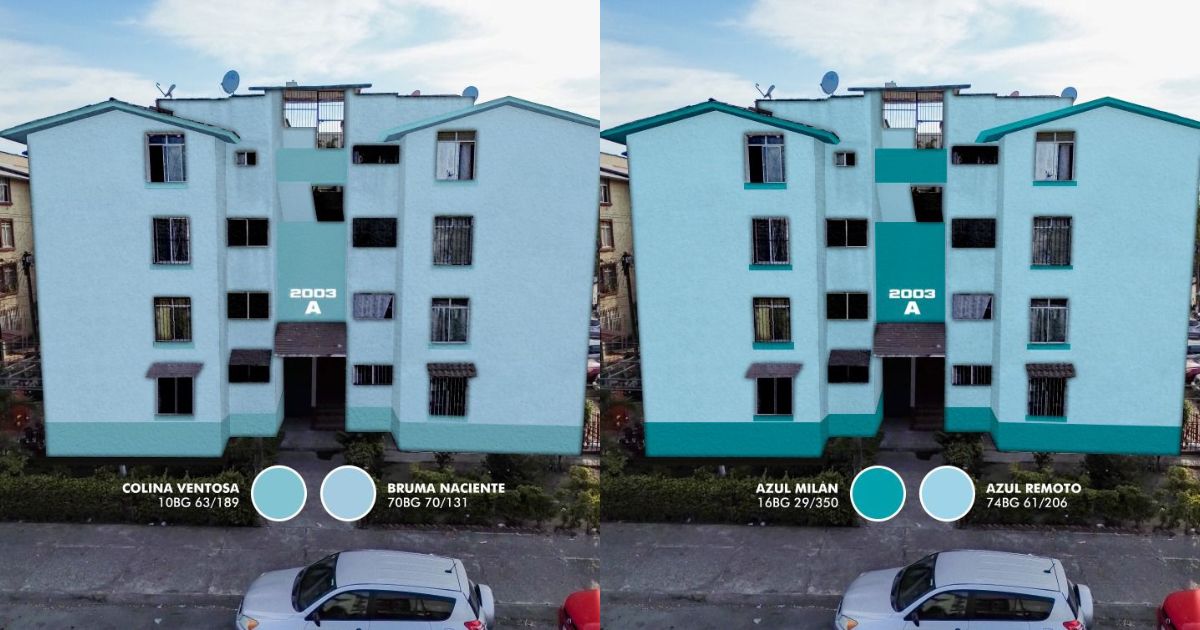 Tonos azules de pintura para los edificios de La Aurora