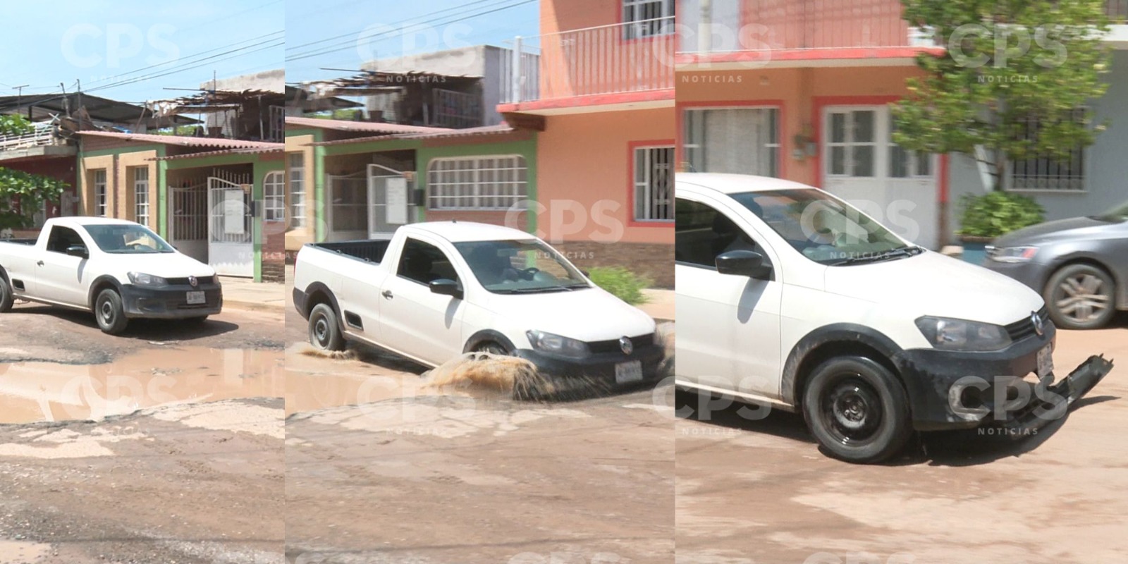 Camioneta dañada por enorme bache