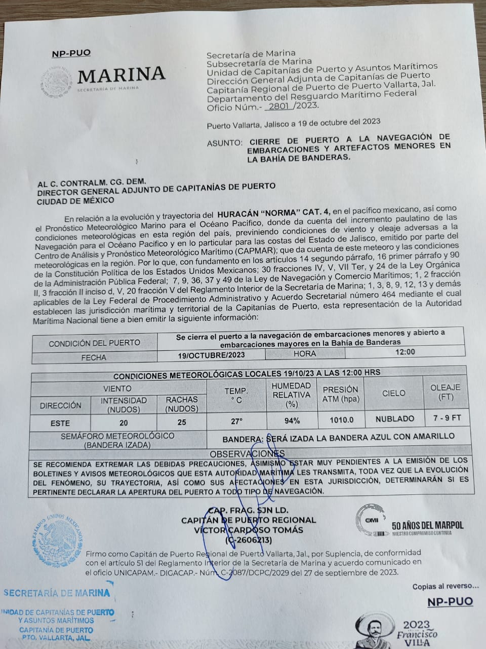 Documento de cierre de la capitanía de puerto en Vallarta