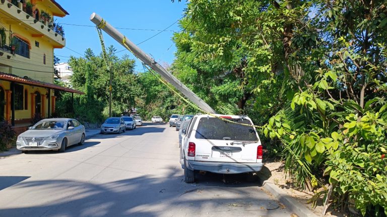 Poste desplomado sobre camioneta