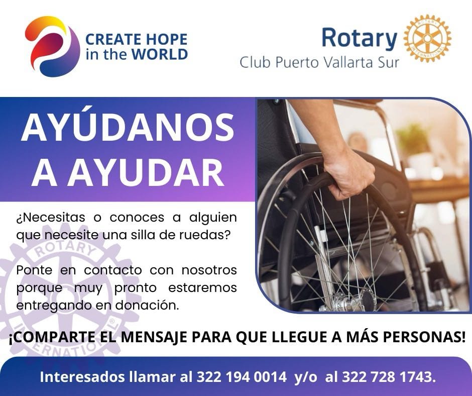 Anuncio de donación de sillas de rueda del Club Rotarios Vallarta Sur