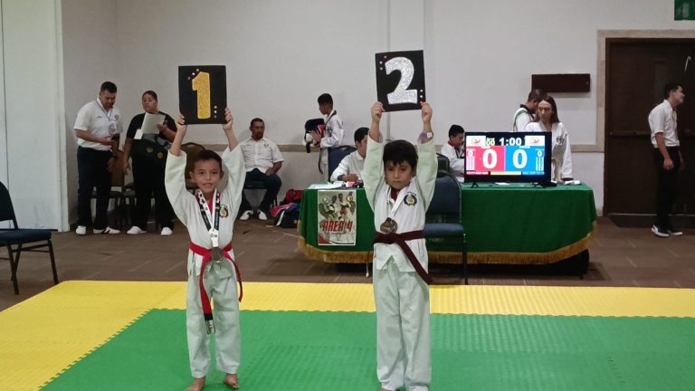 pequeños competidores de taekwondo con sus medallas