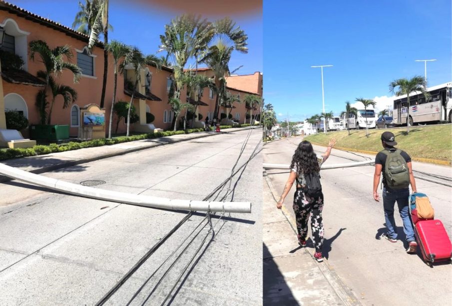 Poste en el suelo y turistas transitando por Av. Fco. Medina Ascencio