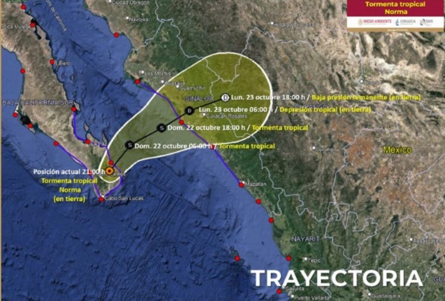 Mapa con la trayectoria de la Tormenta Tropical Norma