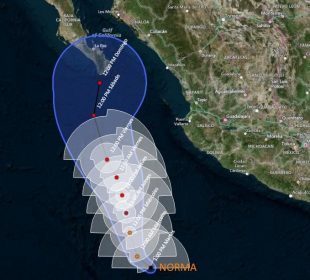 Mapa de México con la trayectoria de la tormenta tropical Norma