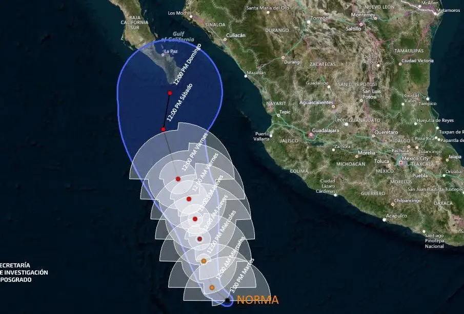 Mapa de México con la trayectoria de la tormenta tropical Norma