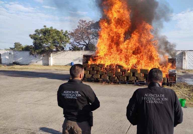 Agentes de investigación criminal supervisando quema de drogas