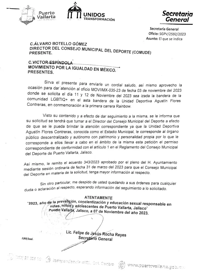 Secretaría General permiso para asta bandera LGBT
