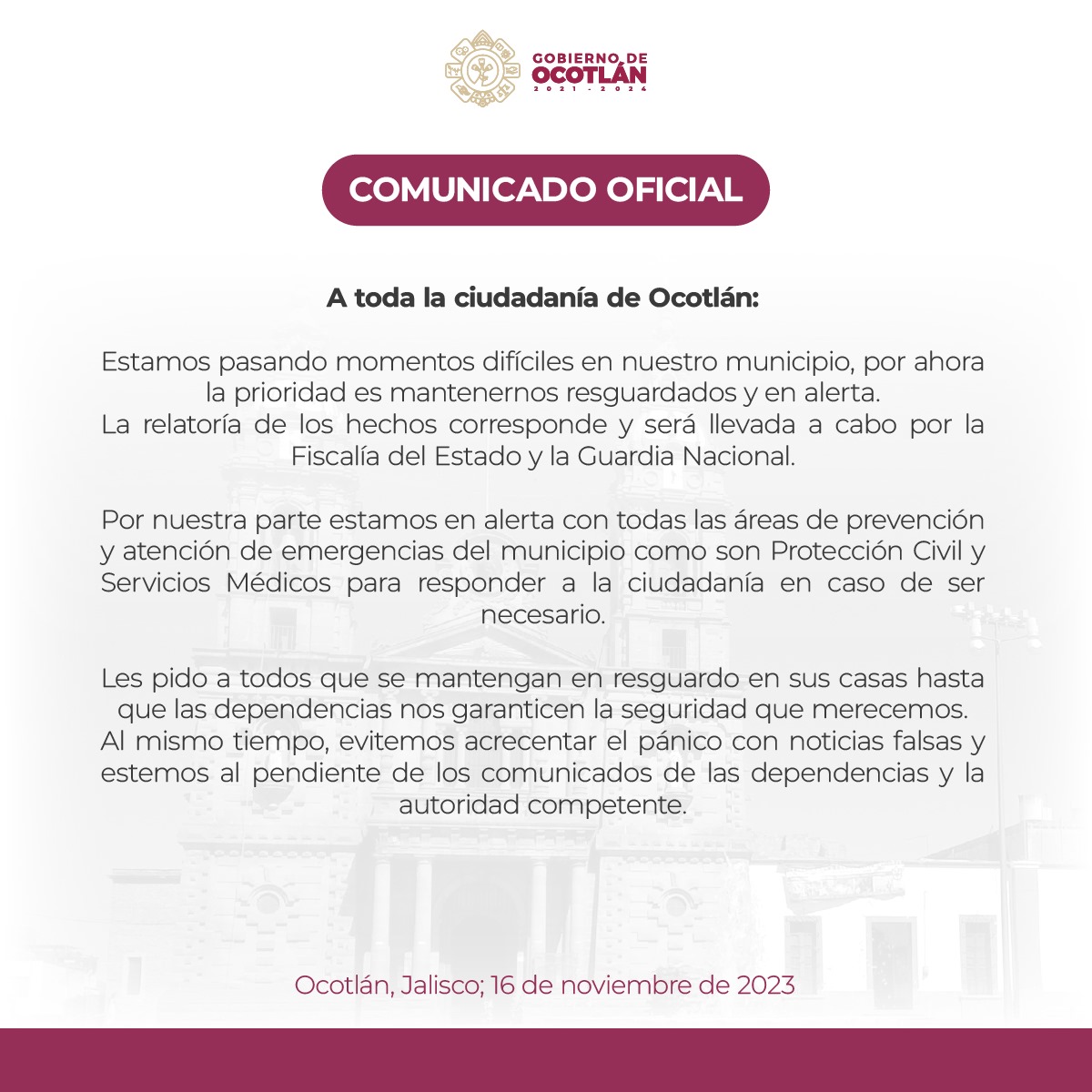 Comunicado oficial del Gobierno de Ocotlán