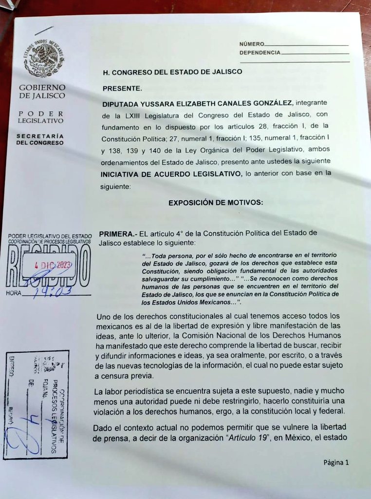 Carta al Congreso de Jalisco de Yussara Canales