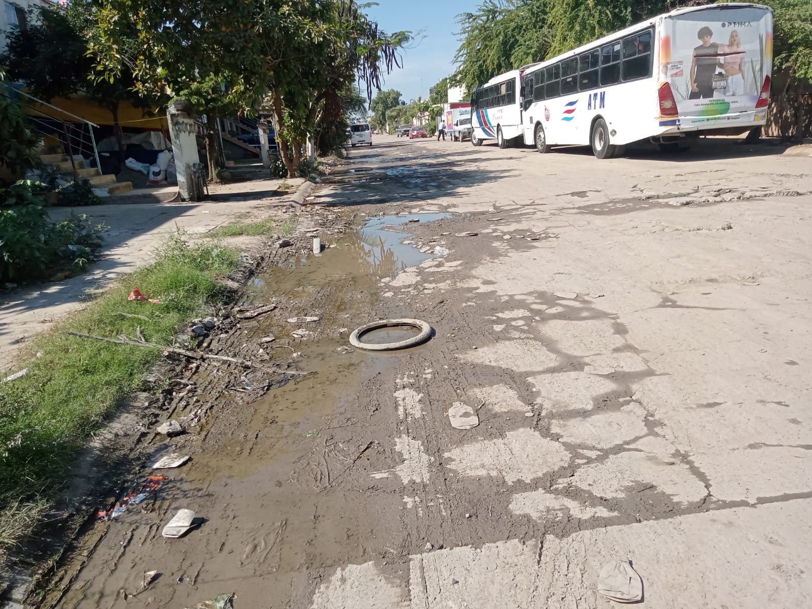 Lodo y agua estancada en calle Azucena