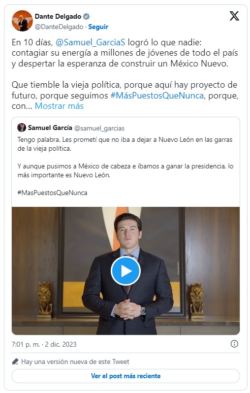 Post de Dante Delgado a favor de Samuel García 