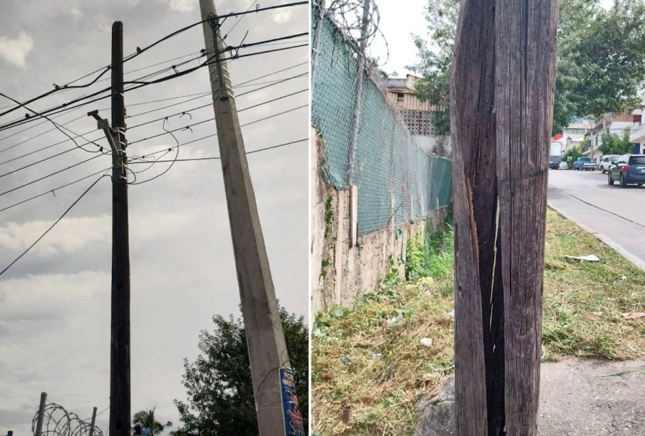 Poste de luz partido amenaza con caer