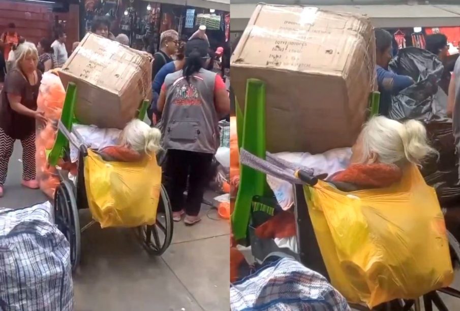 Abuelita en silla de ruedas con regalos encima