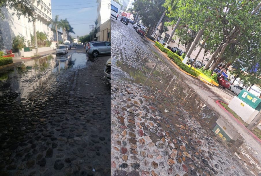 Derrame de aguas negras en calle por Playa de Oro