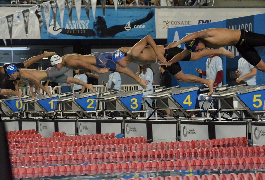 Nadadores saltando a piscina tras disparo