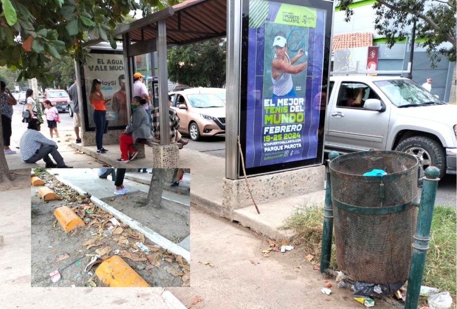 Basura y maleza en la parada del transporte público