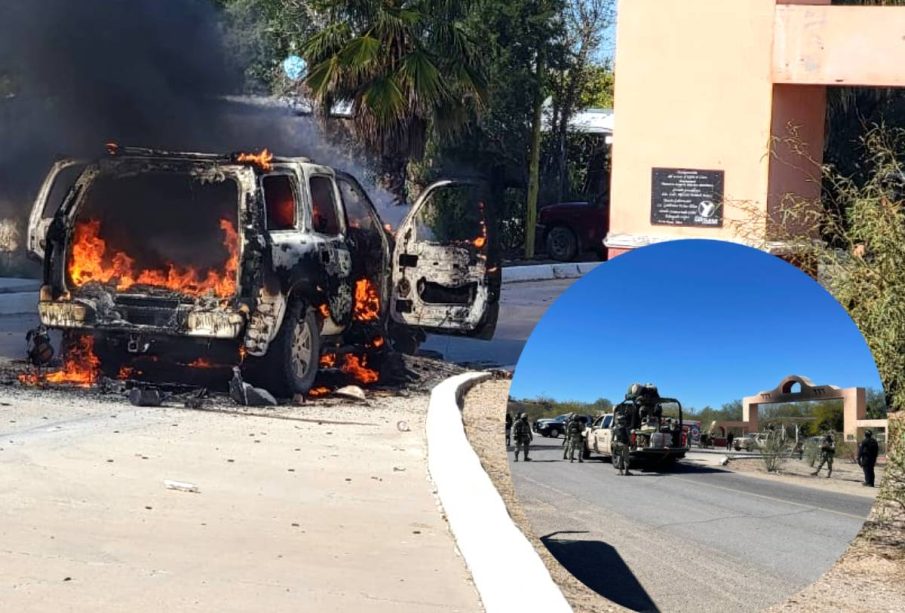 Operativo y auto quemandose por balcera en Santa Ana, Sonora