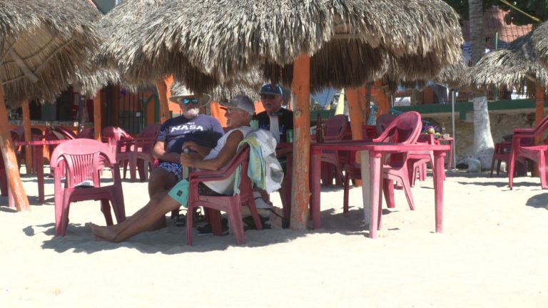 Turistas bajo sombra de palapa