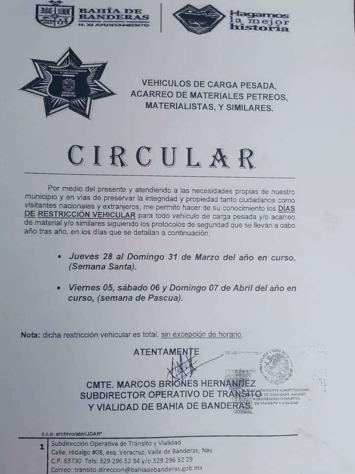 Vehículos de carga pesada y materialistas NO circularán en Semana Santa y Pascua en Bahía de Banderas