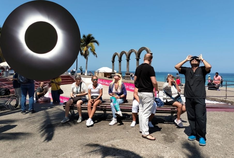 Admiración y asombro se vive en el malecón de Vallarta por el Eclipse Solar 2024