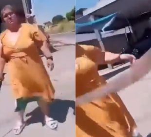 (VIDEO) Mujer amenaza con machete a trabajadores de luz en Tabasco; se cae y lesiona