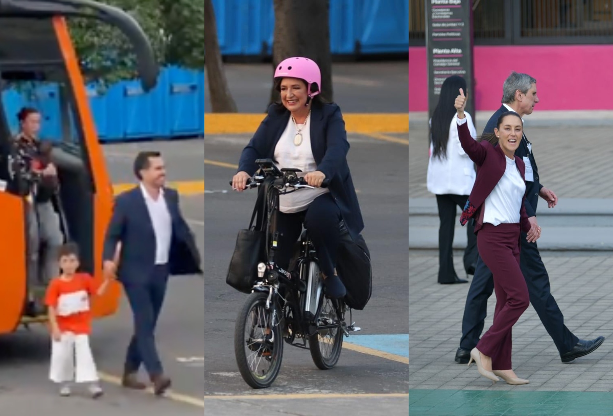 Debate INE Xóchitl llega en bici, Máynez en Fosfobús