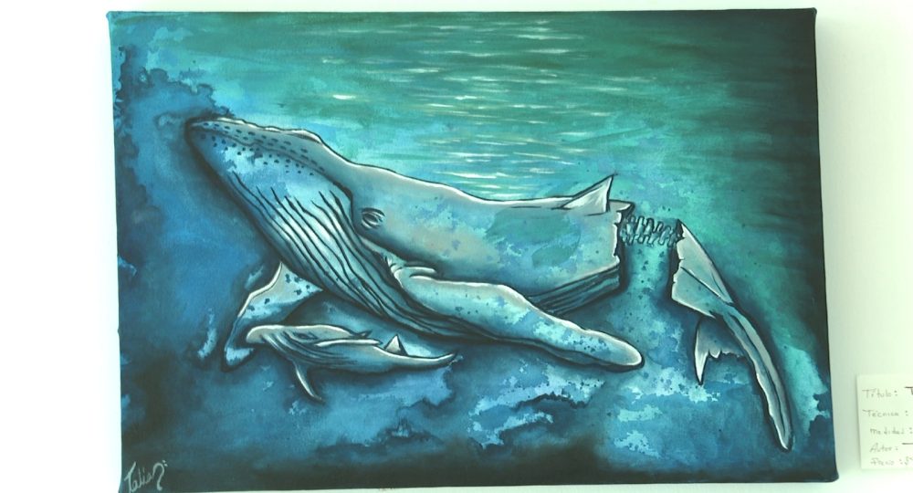 Pintura de ballena junto a su cría