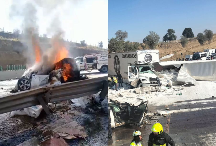 ¡Caos en la México-Puebla! Tráiler impacta automóviles y provoca incendio