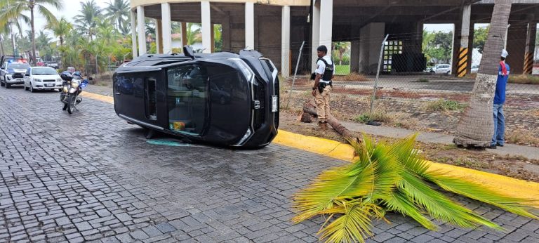 Extranjera choca con palmera y se vuelca en Marina Vallarta