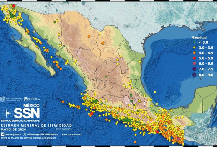 Mapa de la actividad sísmica durante mayo 2024