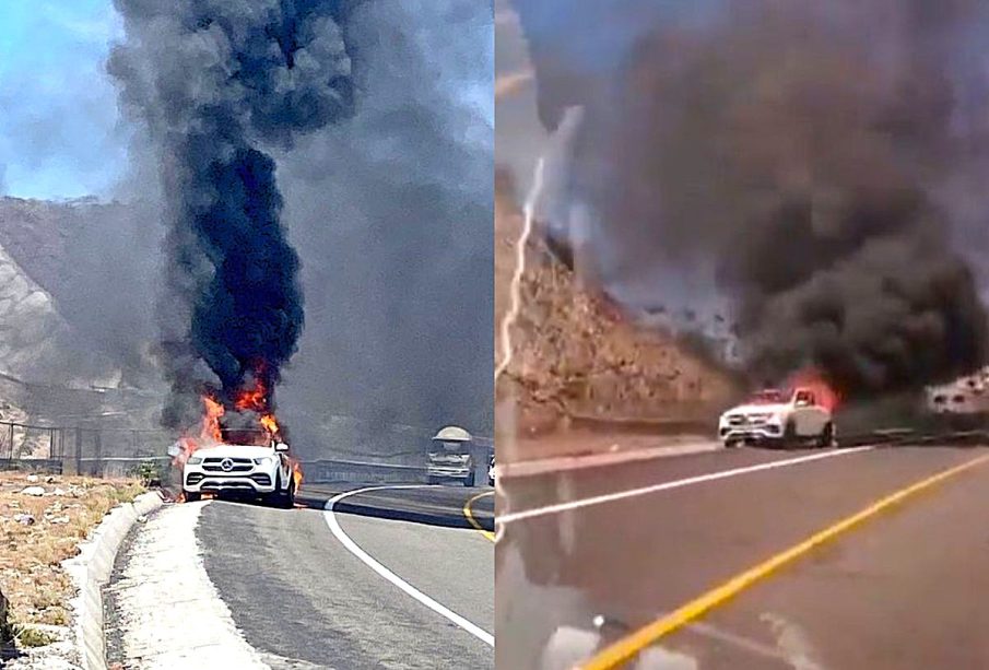Camioneta incendiándose en autopista Las Varas-Vallarta