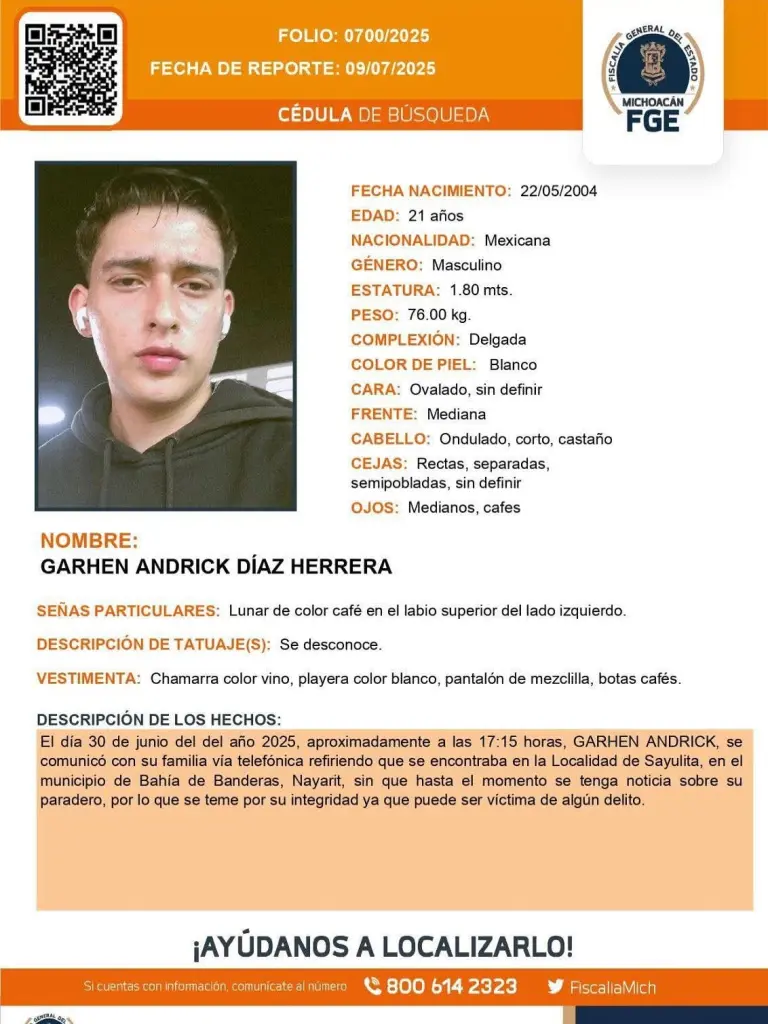 Ficha de búsqueda de joven desaparecido.