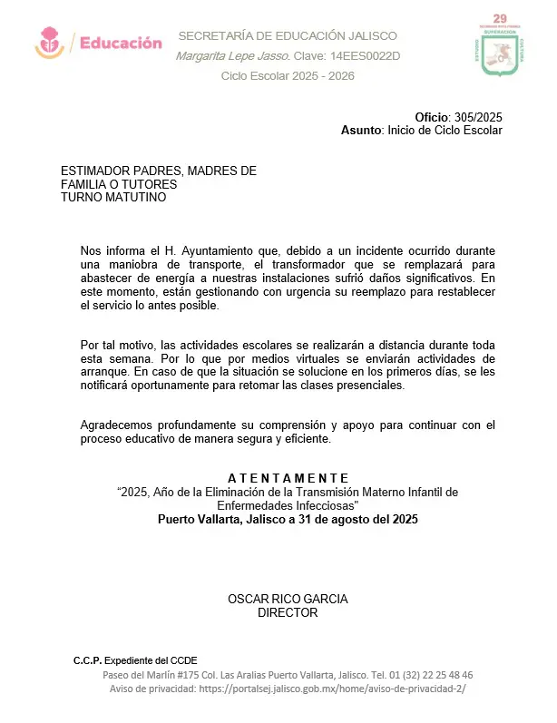 Comunicado de la Escuela Secundaria 29