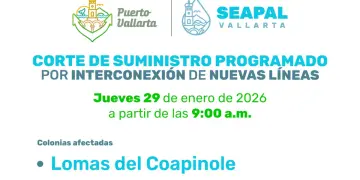 Corte de agua este jueves en Lomas del Coapinole en Puerto Vallarta por trabajos en la red hidráulica
