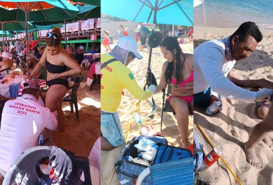 Guardavidas atendiendo a turistas afectados por agua mala