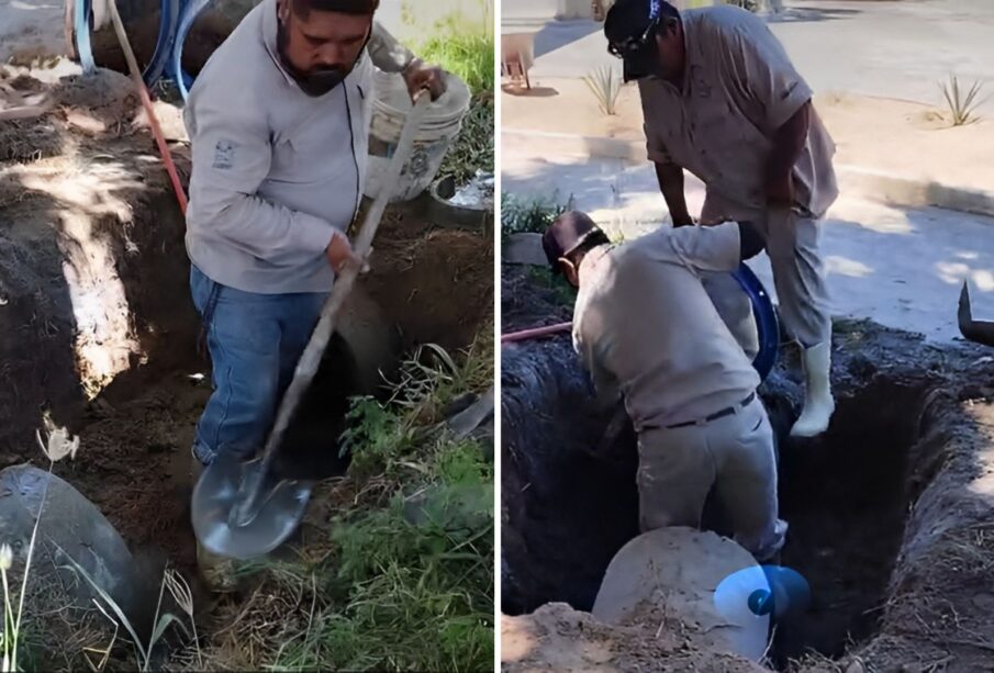 Personal del OOMSAPAS reparando tubería del pozo uno.