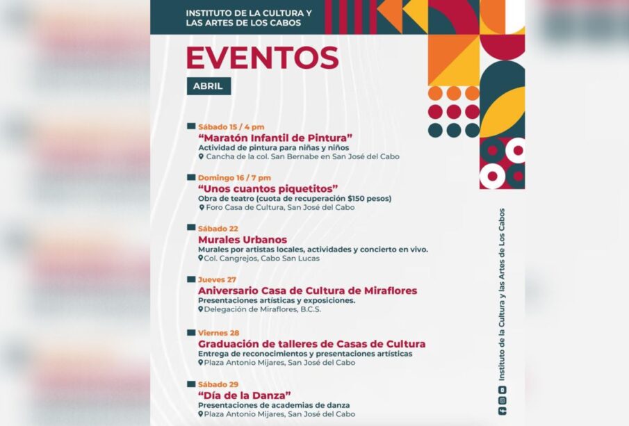 Programación de las actividades que estará impulsando el Instituto de la Cultura y las Artes de Los Cabos de abril.